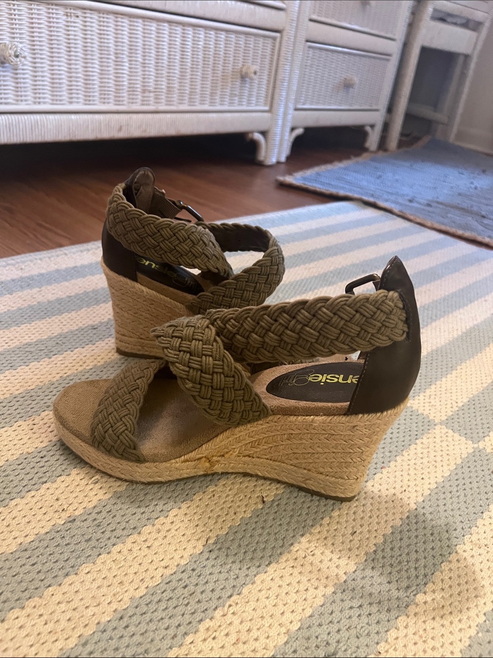 Braided Olive Espadrille Wedge Sandals with Ankle Strap